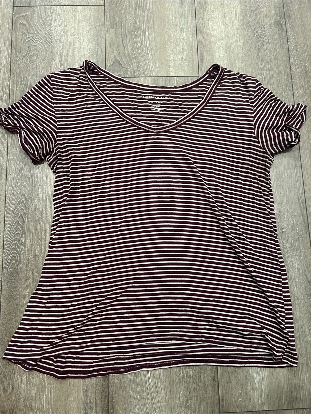 American Eagle Outfitters Women's Burgundy and White Striped V-Neck Tee
